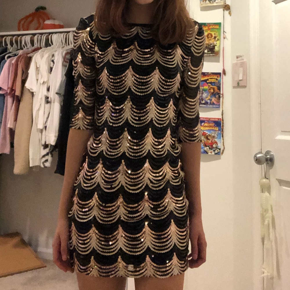 S Black mini dress with gold and silver sequins